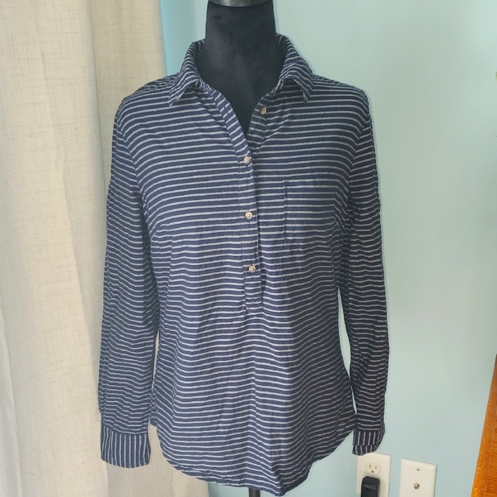 Merona Popover Shirt S Navy Blue Stripes